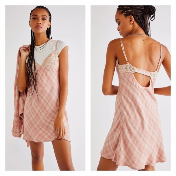 FREE PEOPLE | Gracie Plaid Slip Dress Lace Trim Mini Multicolor V Neck - Picture 1 of 7
